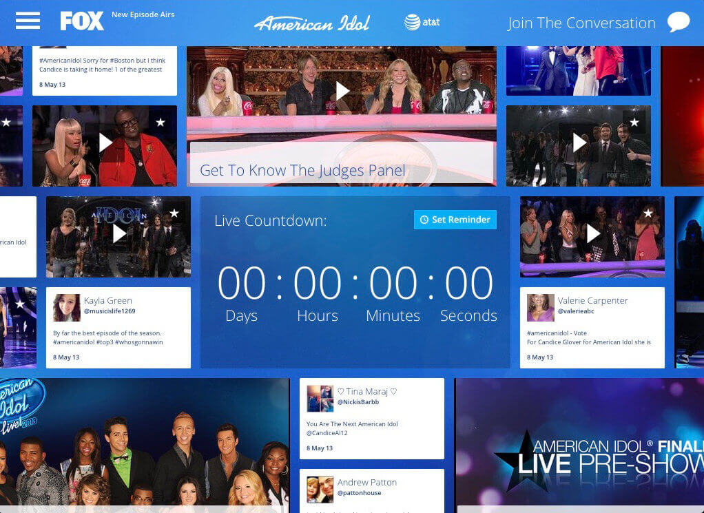 The opening screen for the American Idol Social TV Application.