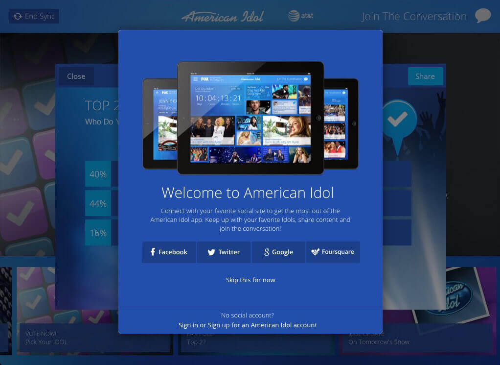 The American Idol Social TV Application welcome screen.