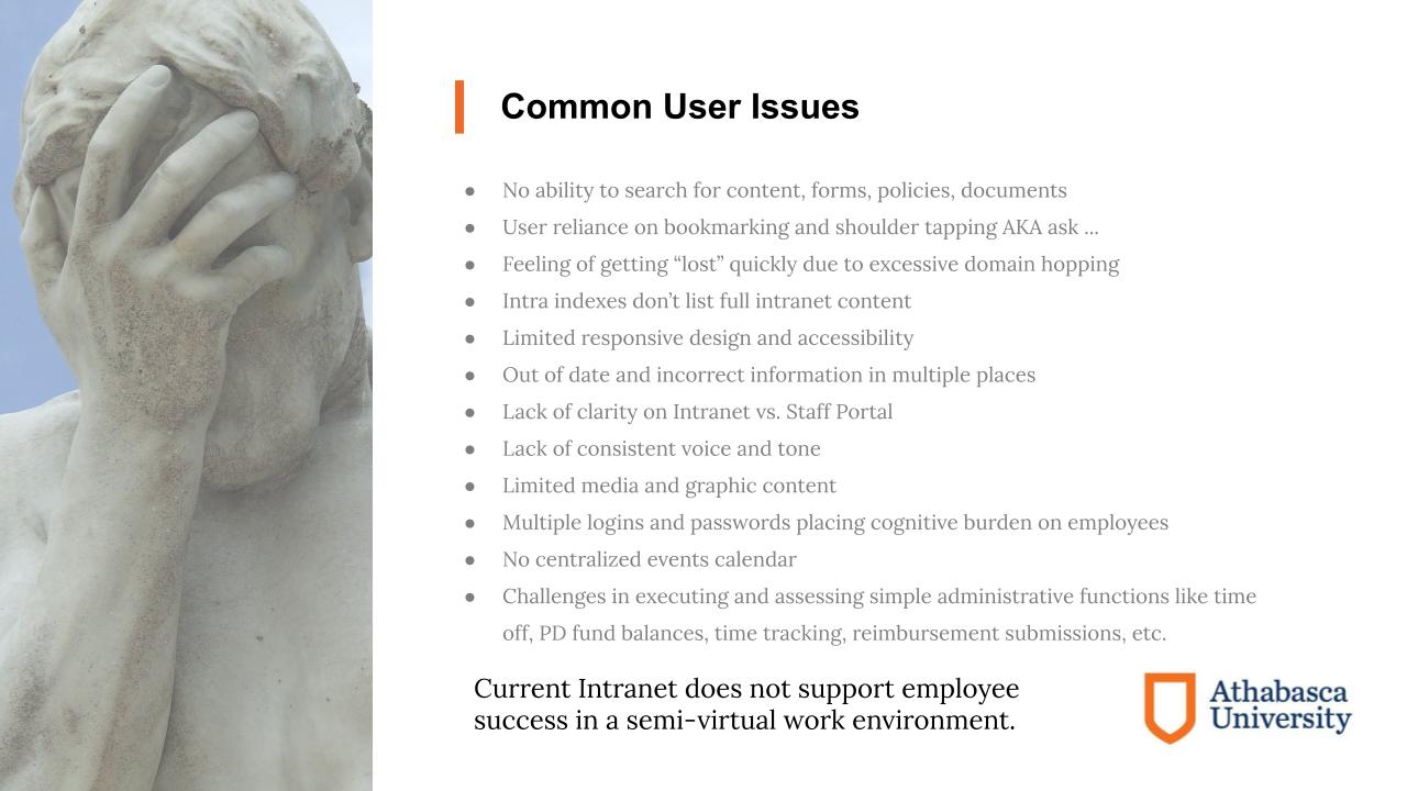 A slide from the presentation outlining common user issues with the Athabasca University Intranet.