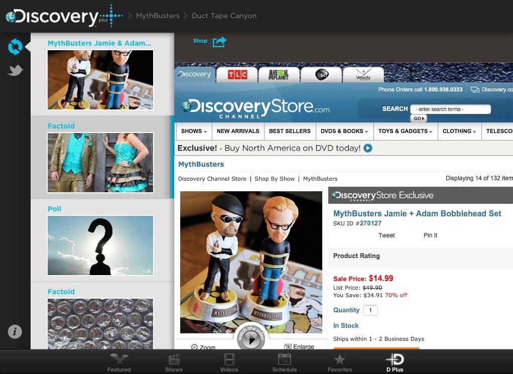 An example shop content piece which connected users with the Mythbusters online store.